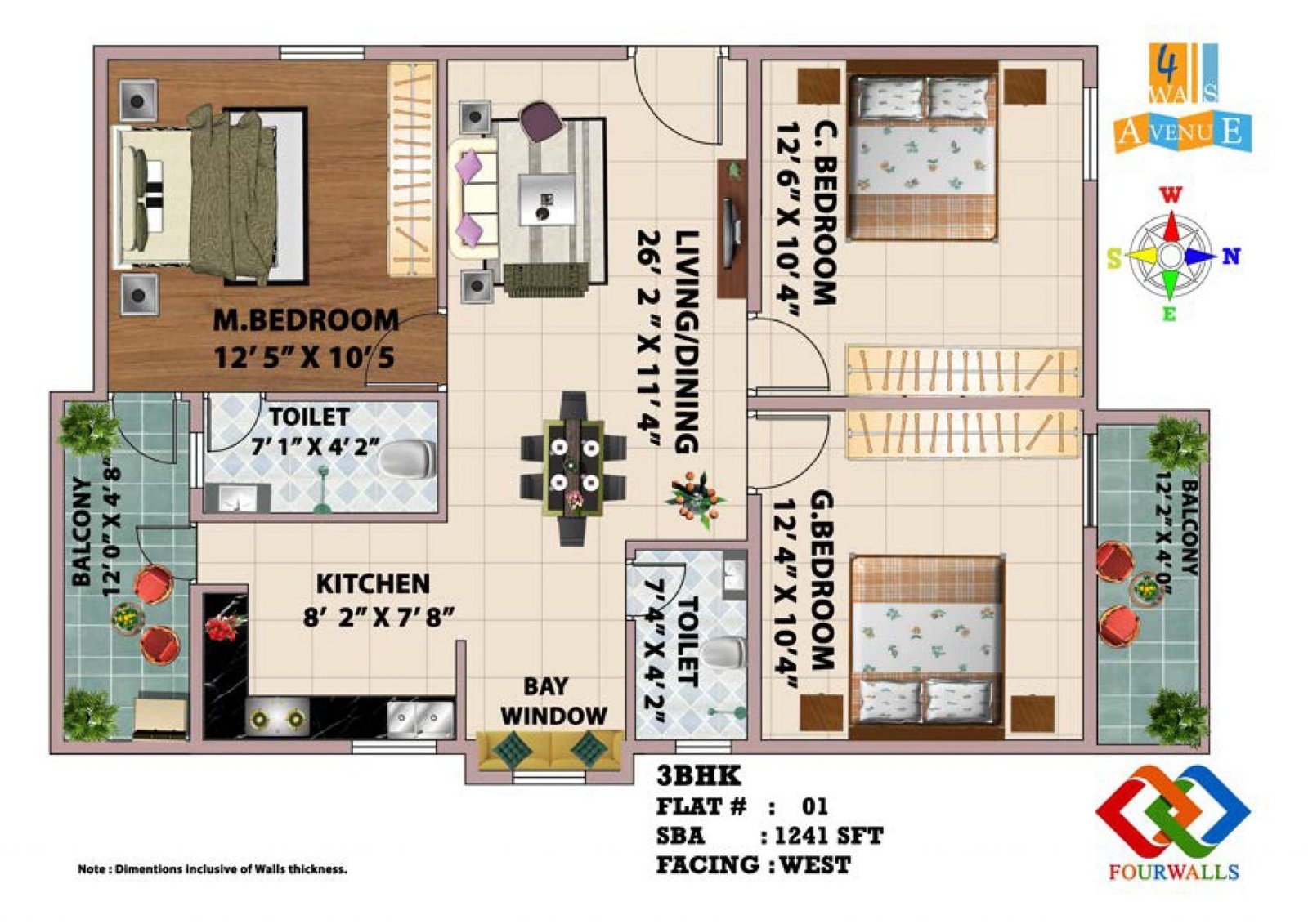 3 BHK floor plan layout